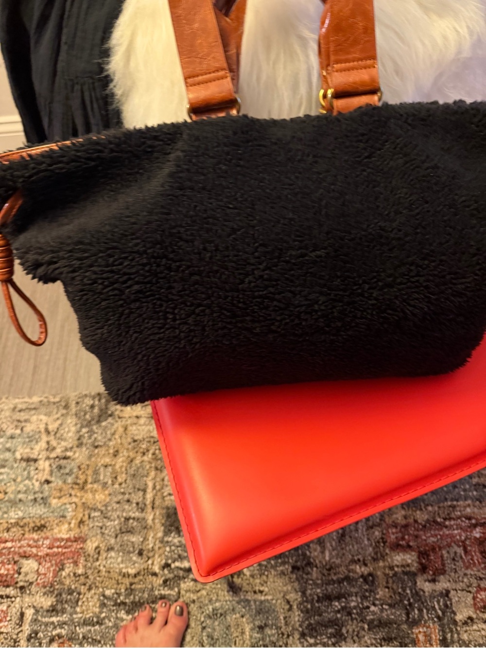 Black Sherpa Tote Bag with Brown faux Leather Straps - Picture 9 of 9